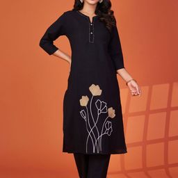 Kaftanize Women Black Base With Multi Color Bold Floral Motif Ethnic Kurta Pant Set-image-59
