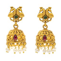 Shining Jewel Gold-Plated Artificial Stones Studded & Beaded Dome Shaped Jhumkas-image-56