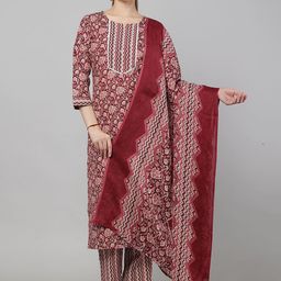 ETRAANA Floral Printed Round Neck Straight Kurta with Trousers & Dupatta-picture-34