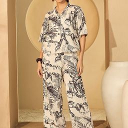 DELAN Floral Printed Lapel Collar Shirt With Trousers-image-25