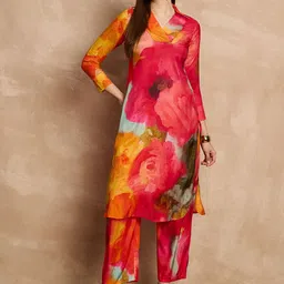 all about you Pink Floral Printed V-Neck Straight Kurta With Trousers-picture-34