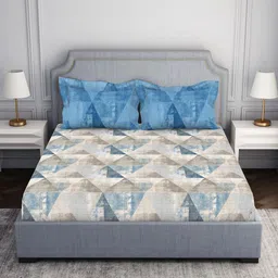 SPACES Blue & White Geometric Pure Cotton 144 TC Queen Bedsheet & 2 Pillow Covers-93