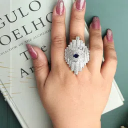 DIVASTRI Rhodium-Plated White and Blue CZ Studded American Diamond Adjustable Ring-picture-19