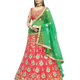 MANVAA Pink & Green Embroidered Thread Work Semi-Stitched Lehenga & Unstitched Blouse With Dupatta-14