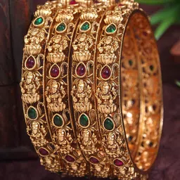 Anouk Set Of 4 Gold-Plated Artificial Stones And Beads Studded Matte Temple Bangles-6