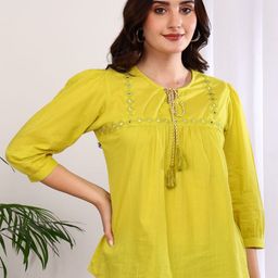 YASH GALLERY Tie-Up Neck Mirror Work Cotton Top-image-52