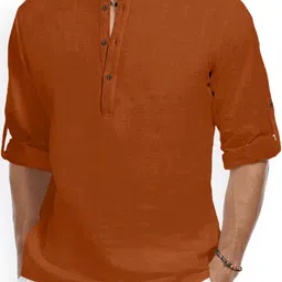 Fifth U Band Collar Roll-Up Sleeves Wrinkle Free Straight Short Kurta-picture-14