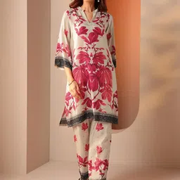Libas Floral Printed Mandarin Collar Neck Tunic With Trousers Co-Ords-image-46