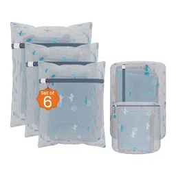 Kuber Industries White & Blue 36 Pieces Cactus Printed Reusable Laundry Bags With Zipper-46
