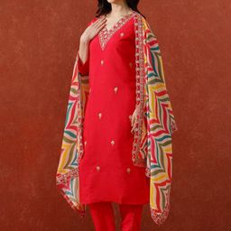 QSH Embroidered A-Line Solid Festive Kurta & Trousers With Dupatta-image-61