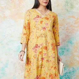 Melange by Lifestyle Floral Printed V-Neck Thread Work Straight Kurta-picture-2