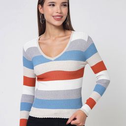 Kalt Women Colourblocked V-Neck Cotton Pullover-picture-43