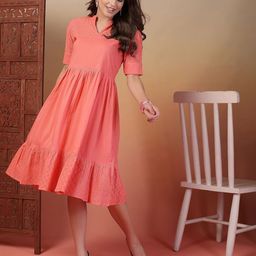 Indibelle Women Solid Schiffli A-Line Midi Dress-image-39