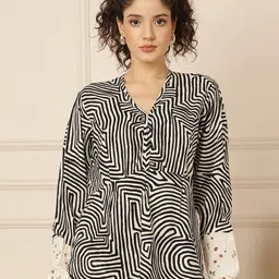 Ranng Geometric Print Cotton Shirt Style Top-image-36