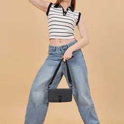 Moda Rapido White Girls Crop Top Horizotal stripe with Shirt Collar-picture-40
