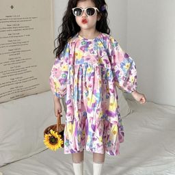 LULU & SKY Girl Floral Print Bishop Sleeves Tiered A-Line Midi Dress-image-32