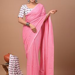 PALLO LATKE Solid Saree With Hand Block Printed Blouse-image-26