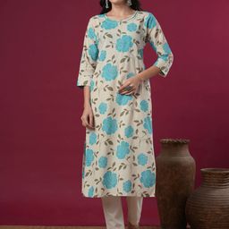 FASHOR Floral Printed Kantha Work Round Neck Pure Cotton Straight Kurta-image-68