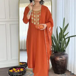 KALINI Women Ethnic Motifs Embroidered Thread Work Pure Silk Kurta with Trousers & Dupatta-17