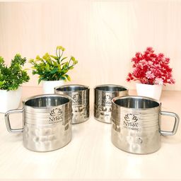 Nyra Kitchenware Steel 4 Pieces Textured Stainless Steel Cups With Handles-120mlEach-image-7