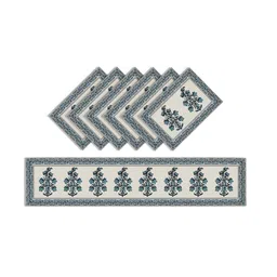 Kuber Industries Set of 7 Blue & Off White Printed Table Runner & Placemats image 2