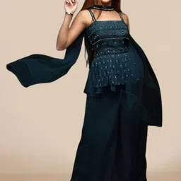 PARROT CREATION Embroidered Straight Sequinned Kurti With Sharara And Dupatta-11