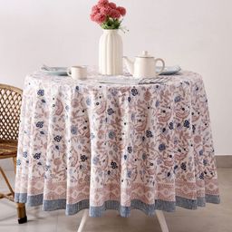 HANDICRAFT PALACE White & Pink Printed Cotton Round 8-Seater Table Cover With Napkin Set-image-84