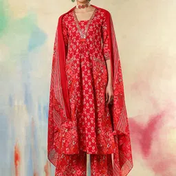 KIMAYRA Women Floral Printed Regular Pure Cotton Kurta with Palazzos & With Dupatta-16
