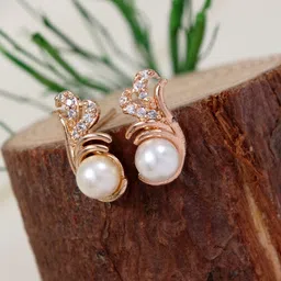 I Jewels Rose Gold-Plated American Diamond Studded & Pearls Contemporary Drop Earrings-53