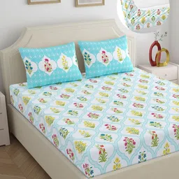 Home Ecstasy Blue & White Printed 140TC Pure Cotton Fitted King Bedsheet Set 1.83m x 1.98m-picture-2