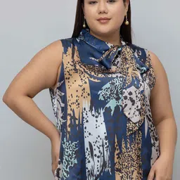 PURYS PLUS Women Animal Print Tie-Up Neck Satin Top-10