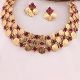 Gyaan Jewels Gold-Plated Artificial Stone-Studded Temple Necklace & Earrings-image-33