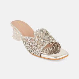 Anouk Women Embellished PU Party Block Sandals with Laser Cuts-3