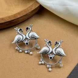 NAMAN ARTSSilver-Plated Stones Studded and Beaded Peacock Shaped Oxidised Drop Earrings-image-44