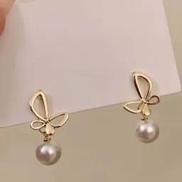 DressBerry Gold-Plated Pearls Studded Contemporary Drop Earrings-image-26