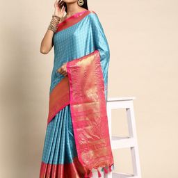 KALINI Blue Cotton Blend Woven Design Sarees-picture-1