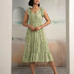 AASK Women Floral Print Gathered or Pleated Crepe Fit & Flare Midi Dress-image-95