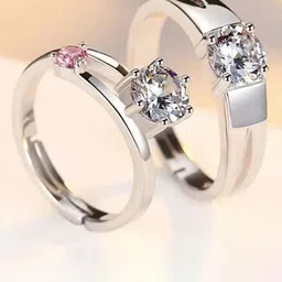 Zoey Unisex Set Of 2 Rhodium-Plated Cubic Zirconia-Studded Adjustable Couple Rings-17