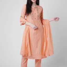 Oash Floral Embroidered Thread Work Organic Cotton Straight Kurta With Trouser & Dupatta-picture-33
