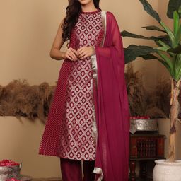 House of Pataudi Women Floral Woven Design Brocade Kurta With Bottom And Dupatta-picture-20