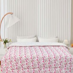 Aura White & Pink Floral Printed Microfiber AC Room 300 GSM Double Bed Comforter-image-79