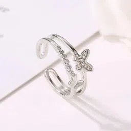 Zoey Sterling Silver-Plated Zircon-Studded Butterfly Shaped Adjustable Finger Ring-picture-41