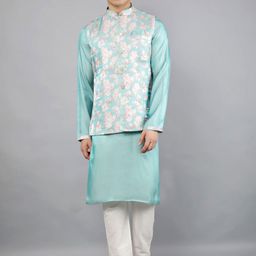 Manish Creations Mandarin Collar Straight Kurta With Churidar And Nehru Jacket-picture-56
