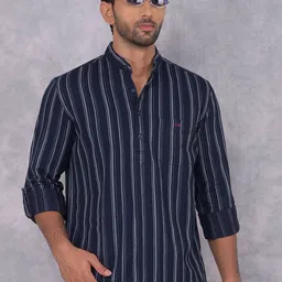 Crimsoune Club Striped Band Collar Long Sleeves Pure Cotton Straight Kurta-52