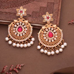 Anouk Gold-Plated Artificial Stones And Beaded Contemporary Shaped Drop Earrings-91