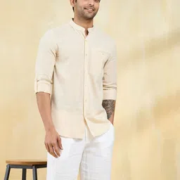 Fabindia Men Slim Fit Solid Band Collar Cotton Casual Shirt-image-74