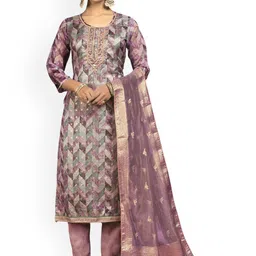 HERE&NOW Geometric Embellished Beads And Stones Organza Unstitched Dress Material-image-9