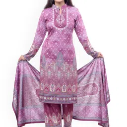 WOOL 4U Ethnic Motifs Printed Mandarin Collar Straight Kurta With Trousers & Dupatta-picture-7