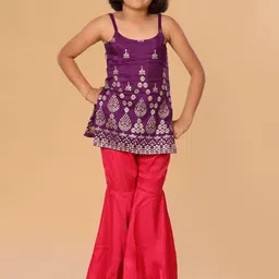 The Mini Trunk Girls Ethnic Motifs Shoulder Straps Zari Straight Kurti With Sharara-image-99