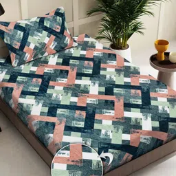Myntra Elegant Homes Green & Peach-Coloured Geometric 300 TC Single Bedsheet with 1 Pillow Covers-picture-29